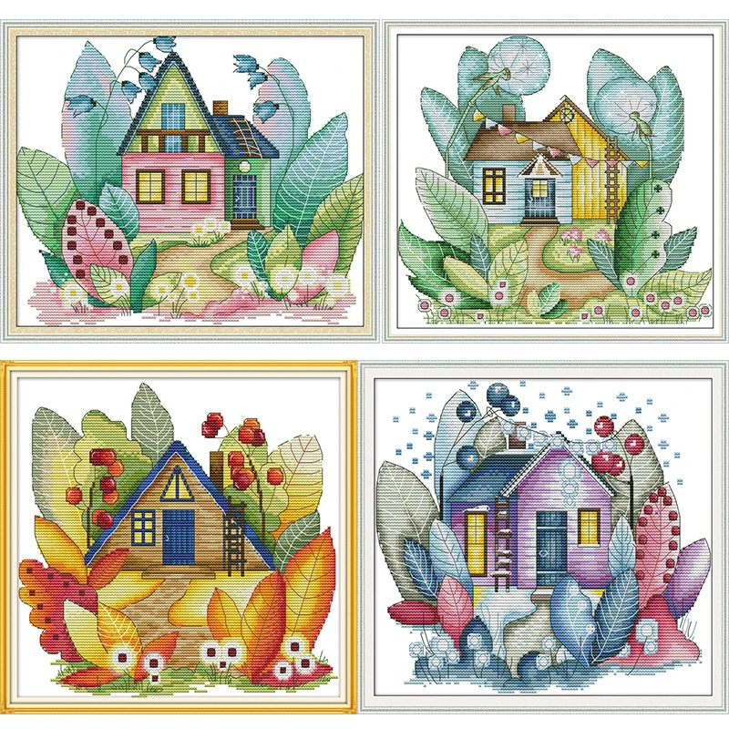 Joy Sunday Four Seasons Magic Cottage Pattern DIY Hand Cross Stitch Kits Printed Canvas DMC Cross-stitch Embroidery Needlework