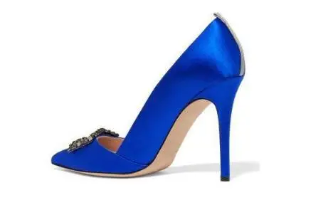 Carpaton 2018 Spring Autumn Office Lady blue satin crystal pointed toe high heel single shoes dinner shoes fashion women shoes