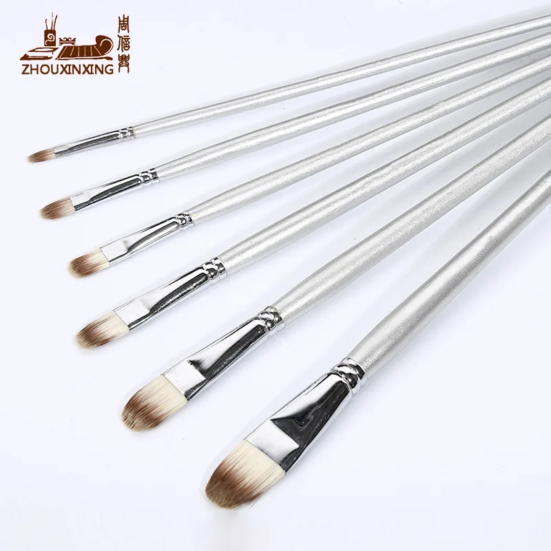 Zhouxinxing Nylon wool round flat front 6pcs silver black tail painting brush set wood pen brush Gouache acrylic oil paint brush