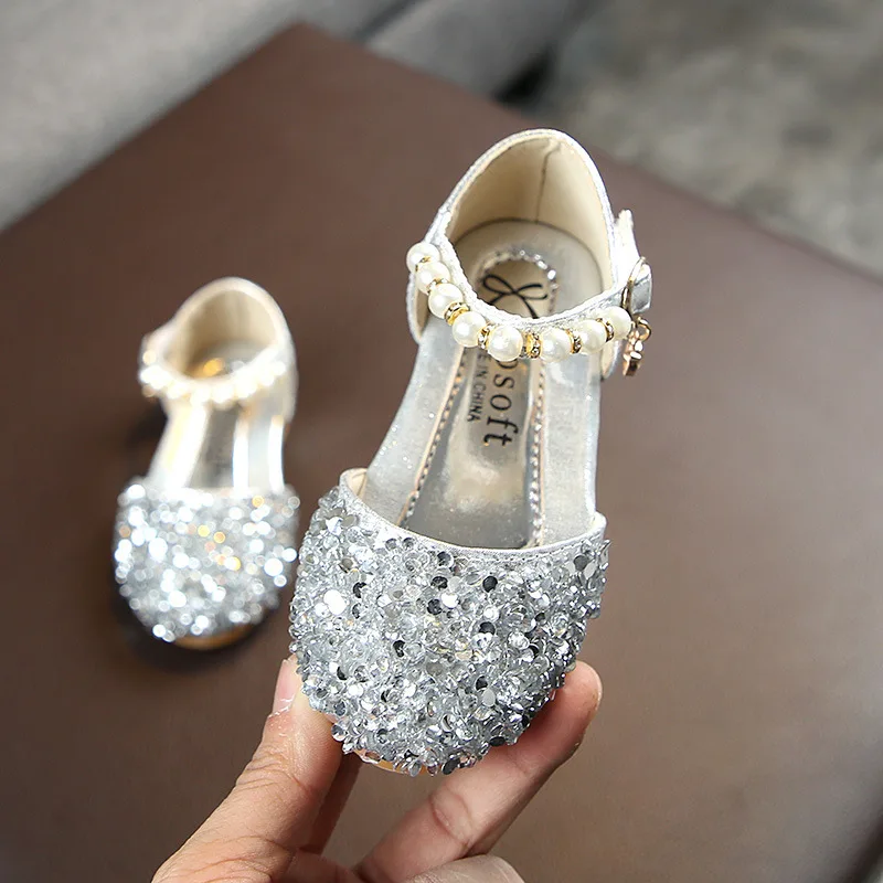 Princess Leather Shoes Children Casual Shoes New Girls Sequins Wedding Party Kids Baby Girls School Dance Shoes Size 21-36 A619