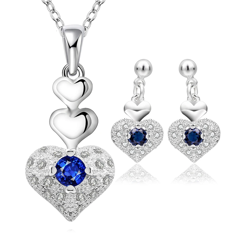 925 Crystal CZ stone Zircon silver jewelry fashion cute Pretty Heart Necklace Earring women wedding lady set TOP quality S772