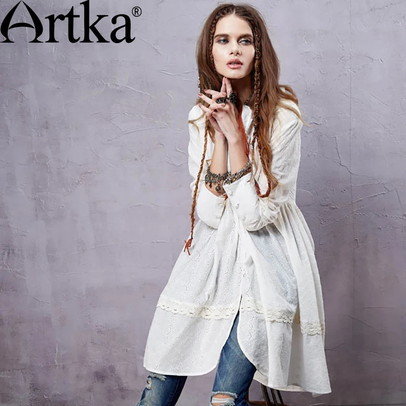 

ARTKA Women's Elegant Bohemian Medium Style Stand Collar Pleated Swing Hem Long Sleeve Cotton Shirt SA14152C