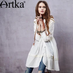 ARTKA Women's Elegant Bohemian Medium Style Stand Collar Pleated Swing Hem Long Sleeve Cotton Shirt SA14152C