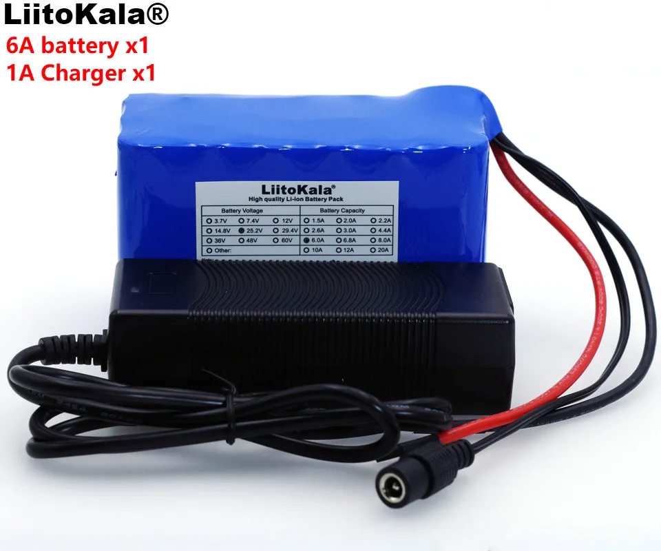 LiitoKala 24V 6Ah 6S3P 18650 Battery li-ion battery 25.2v BMS 6000mah electric bicycle moped /electric/battery pack +1A Charger