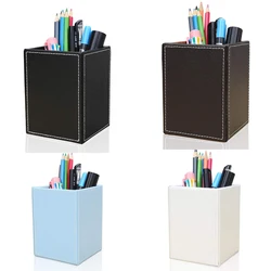 XRHYY Multi Colors PU Leather Square Pens Pencils Holder Cup Desktop Stationery Organizer Case Office Accessories Container Box