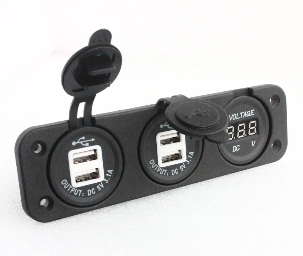 Triple Sockets Car Boat Motocycle Blue Digital Led  Battery Voltage Gauge Voltmeter  + Two Dual USB Power Charger Socket