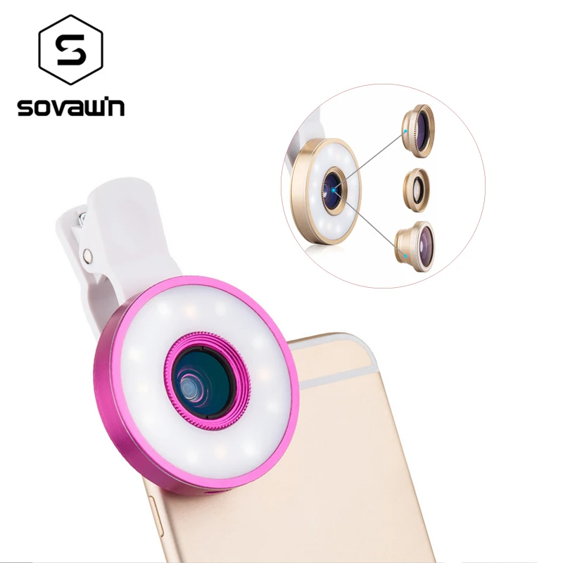 Universal Clip Fish Eye Mobile Phone Lenses Kit 6 in 1 LED Lighting 185 Fisheye +0.65X Wide Angle+Macro Lenses For iPhone Xiaomi