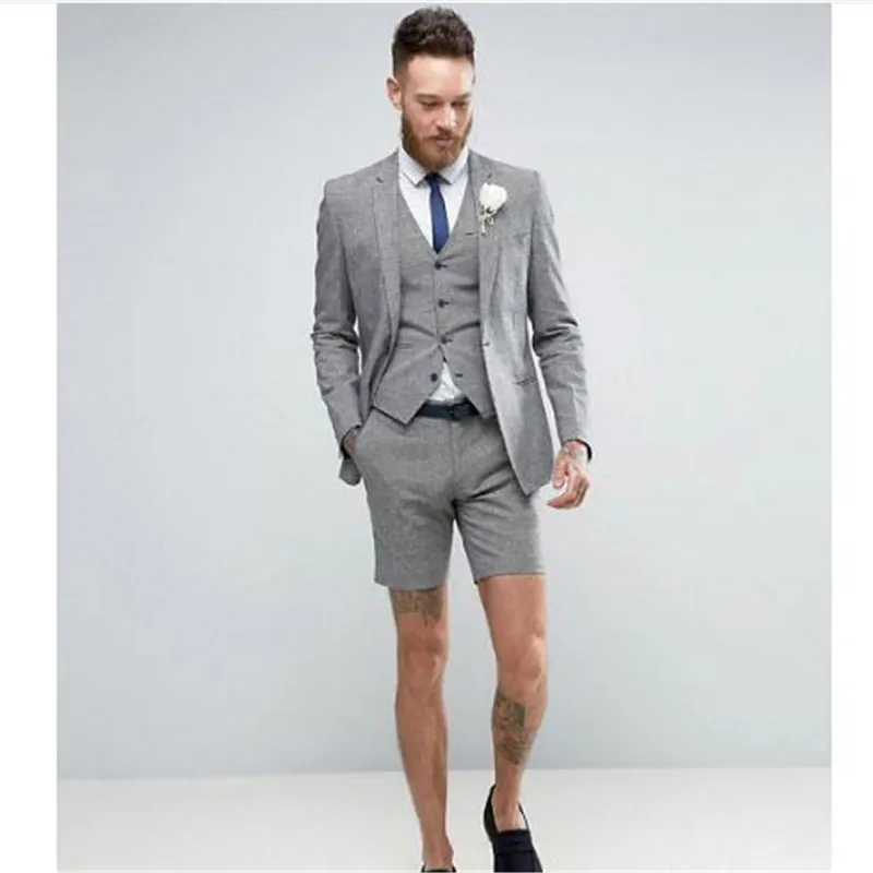 

2024 Light Grey Shorts Summer Elegant Men's Suit (Jacket +Pants+Vest) Casual Groom Tuxedo Beach Wedding Suits Best Man Blazer