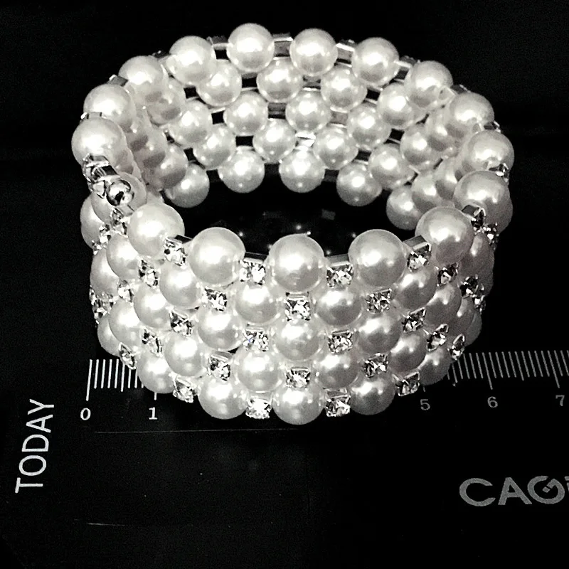 New Luxury Jewelry Wedding Wide 6 Row Pearl Bracelets Bangles For Women Crystal Female Hand Bracelet Charms Silver Color Braclet