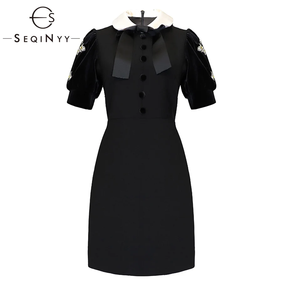 

SEQINYY Women's Short Sleeve A-Line Mini Dresses Crystal Diamonds Button Office Lady Early Spring Fashion New