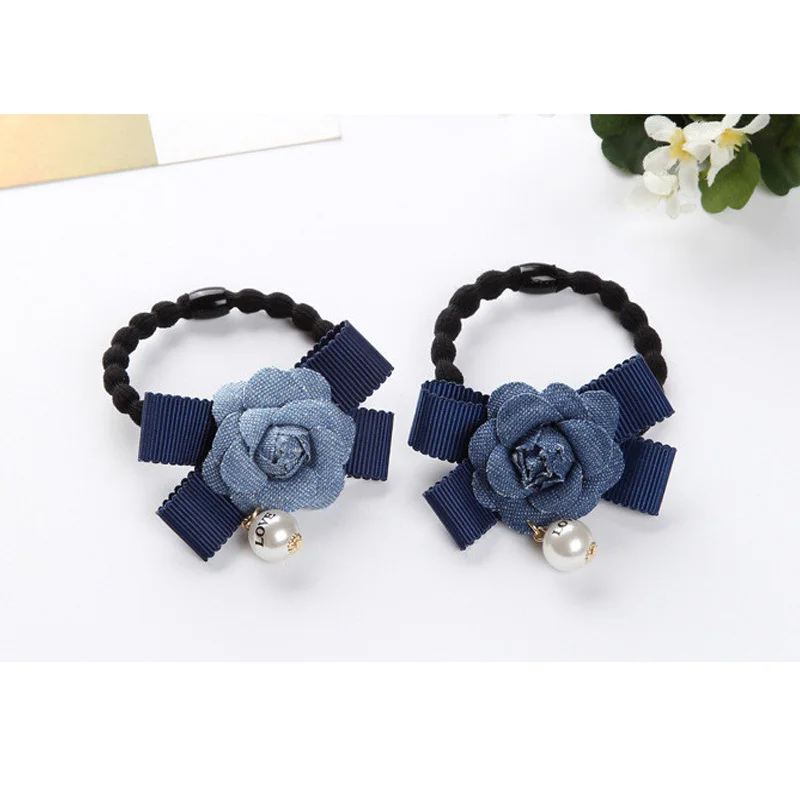 Fashion Korea Hair Accessories Rose Flower Denim Rubber Elastic Hairbands For Girl Women Ponytail Holder High Quality Headwear