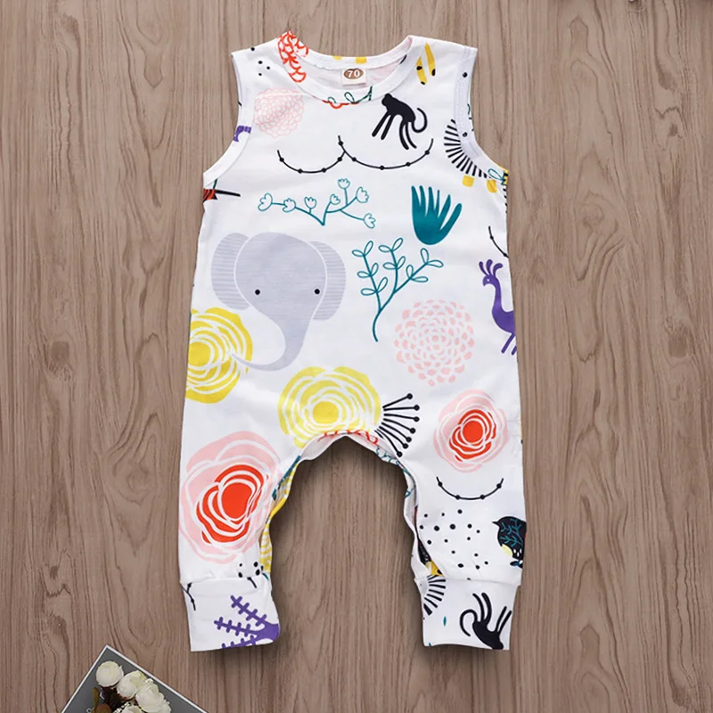 

Baby Boys Girls Romper Sleeveless Summer Jumpsuit Cartoon Print White Playsuit Outfits Toddler Infant Rompers Round Neck Clothes