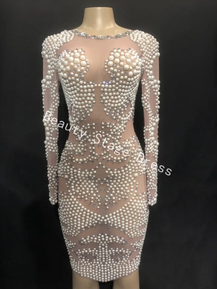 Pearls Rhinestones Mesh Dress Evening Party Wear Long Sleeves Prom Luxurious Perspective Dress Singer Birthday Celebrate Dresses