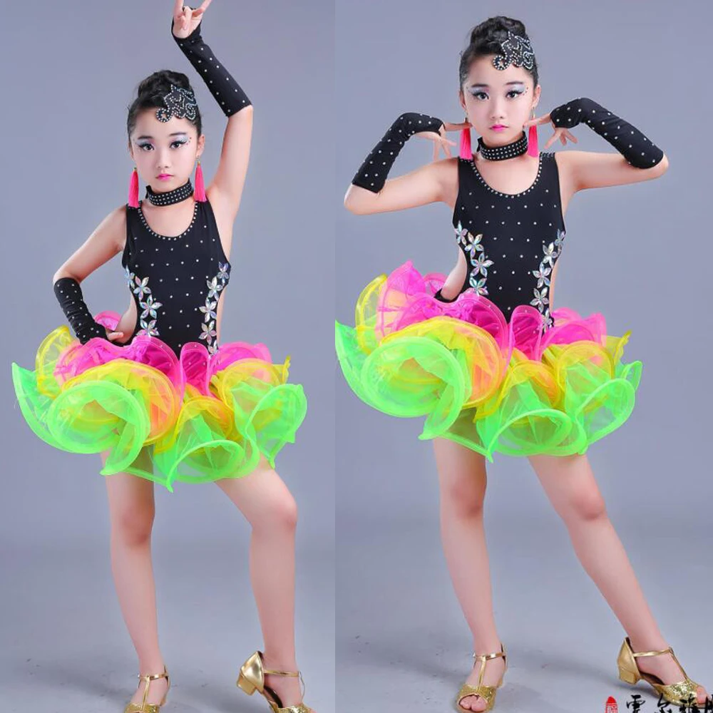 Children Jazz Latin Dance wear Costumes Girls Sequined Ballroom Dancing dress Kids Performance salsa Latin dance Outfits