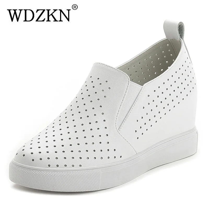 WDZKN Spring Summer Breathable Genuine Leather Women Shoes Slip On High Heels Round Toe Height Increasing Women Casual Shoes