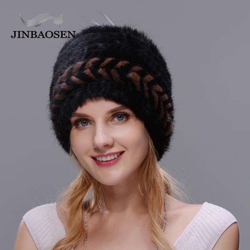 JINBAOSEN  Real Mink Fashion Fur Hat Brand New Thick Hat Ladies Winter Knit Hat With Fox Fur Opening Hot