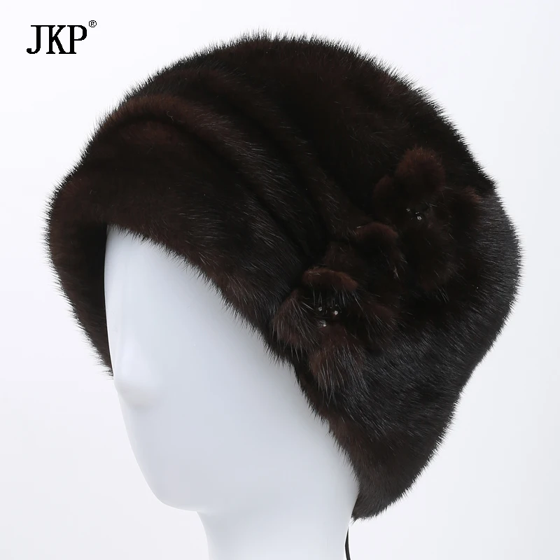 Russian Winter Fur Hat For Women Genuine Mink Fur Cap With Flower Style 2024 New Hot Warm High Quality Elegant Ladies Hat DHY-64