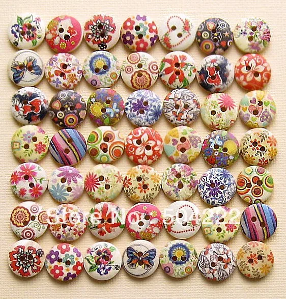 600 hand Painted Wood wooden Buttons Floral kitsch fancy Assortments 15mm 2 holes beads  wholesale free shipping D25