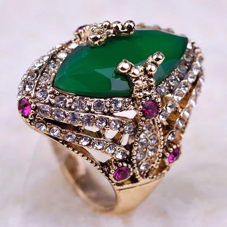 Zlxgirl Green Emerald Anel Ouro Colar Femininos Vintage Rings Turkish Accessories Fine Women Wedding Rings Joias Aneis