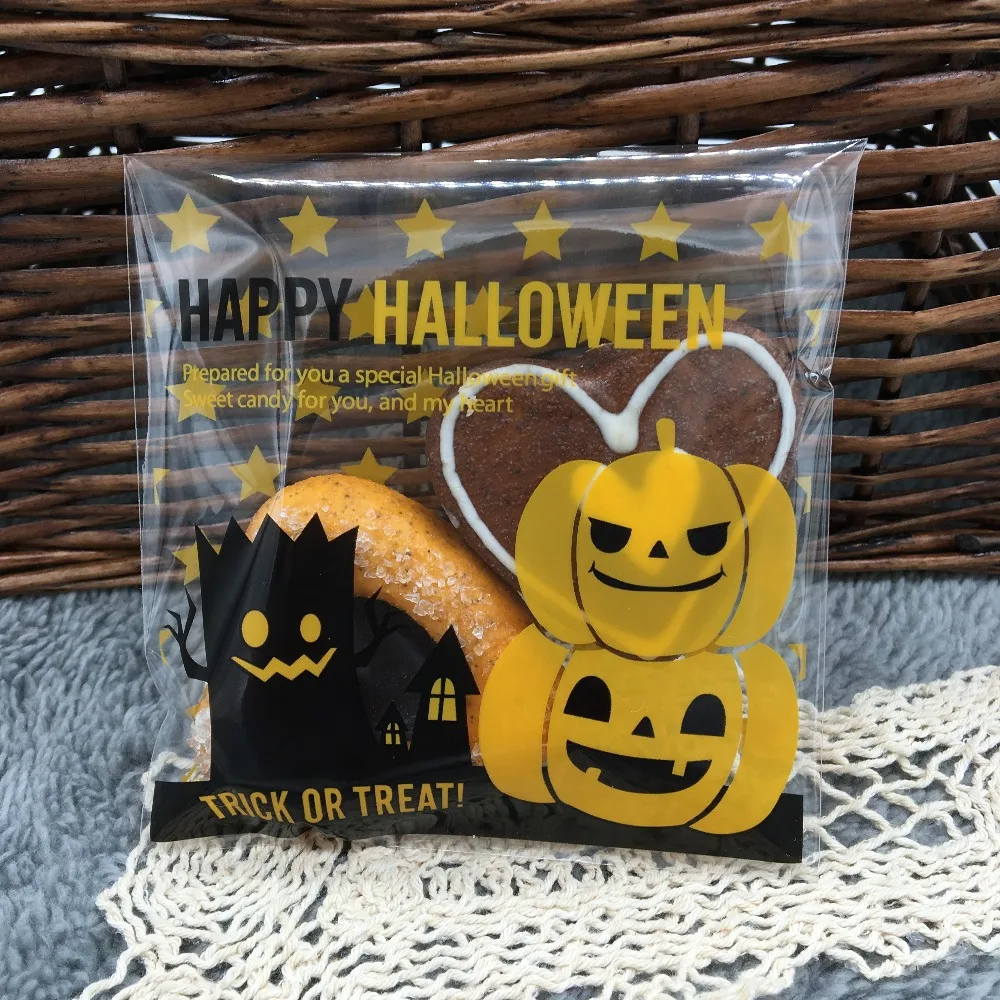 50 sztuk wesołego Halloween Cookie cukierki torby do pakowania chleba samoprzylepne klej z tworzywa sztucznego torby na przekąski pakiet do