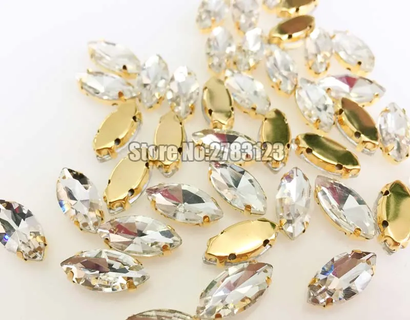 Gold bottom white horse eye shape Glass Crystal sew on claw rhinestones with holes For Wedding Dress Crafts Free shipping