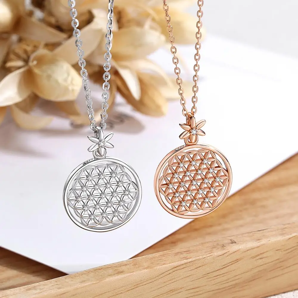 EUDORA 925 Sterling Silver Rose gold Color Silver Color Flower of Life Pendant Necklace with Cz Seed of Life Necklaces Jewelry