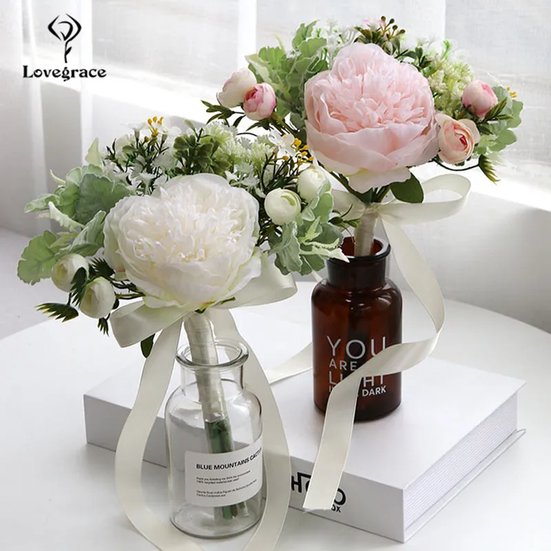 

Lovegrace Wedding Bouquet Silk Peony Bridal Bouquet Bridesmaids Flowers Artificial White Pink Home Decoration Marriage Bouquets