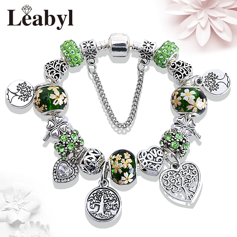 Leabyl Mix Green Tree of Life Charm Bracelet Silver Color Heart Tree Pendant Bead Bracelet Fashion Jewelry Gift for Women Child