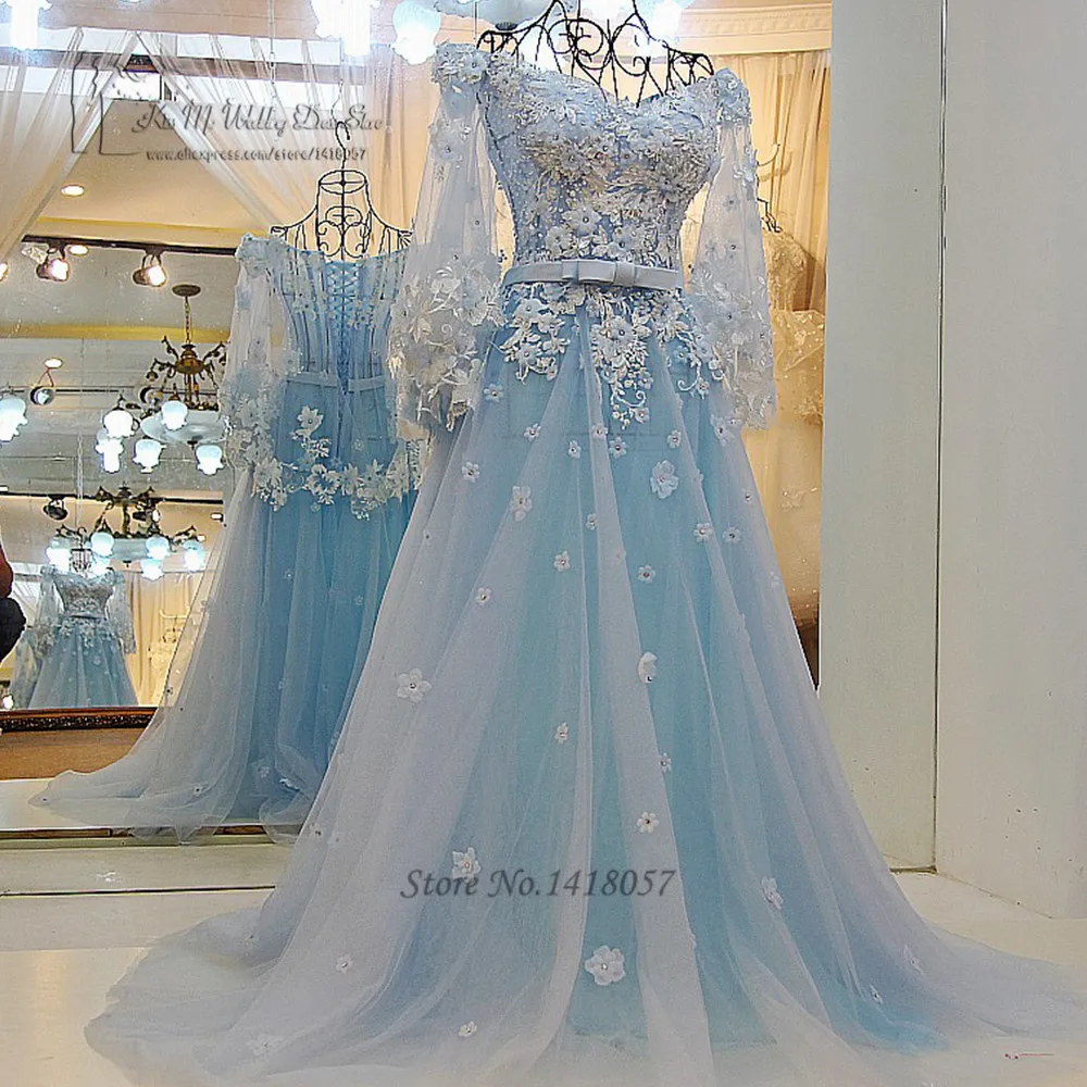 Vintage Bohemian Wedding Dress Princess Light Blue Wedding Gowns Flowers Lace Bridal Dresses 2017 Vestido de Noiva Plus Size