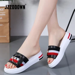 JZZDDOWN-Pantoufles en cuir véritable pour femmes, chaussures plates, sandales de plage, tongs à plateforme, ceinture de luxe, été