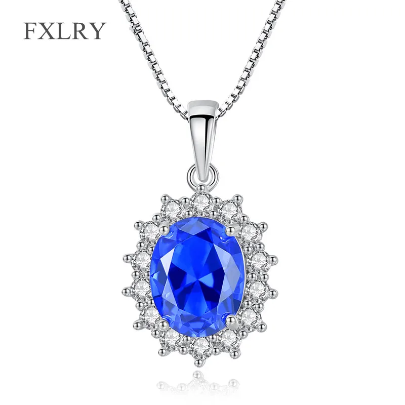 

FXLRY Luxury Silver color Paved Tiny Cubic Zirconia 7mm*9mm Oval Shape Sky Blue Pendant Necklace for Women