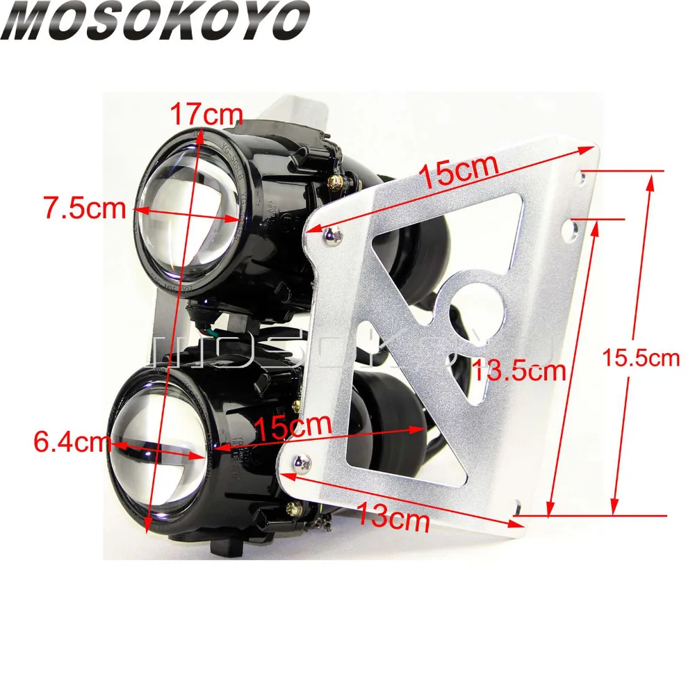 Street Motorcycle Headlight Twin Projector Light Scooter Front Running Lamp w/ Mounting Bracket for Yamaha Honda Suzuki Kawasaki