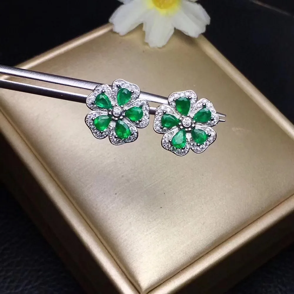 Flower Earring Natural emerald earring Free shipping Real original emerald 925 sterling silver Gem 3*4mm 10pcs