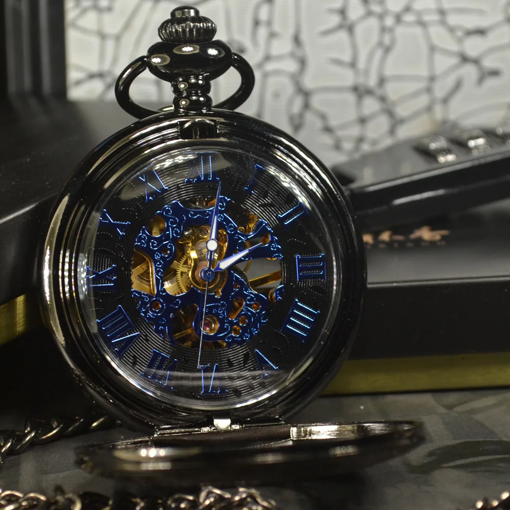 TIEDAN Steampunk Luxury Fashion Antique Skeleton Mechanical Pocket Watch Men Chain Necklace Casual Pocket & Fob Watches Blue
