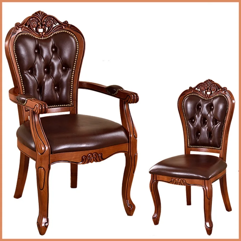 European Solid Wood Leather Dining Chair, Hotel Coffee Chairs, Study Armchairs, Classic Desk Chairs