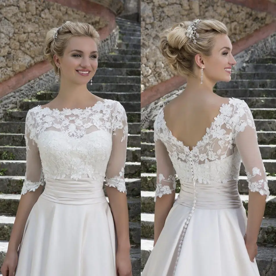 Nowa miarka Neck 3/4 rękawy V powrót koronkowa aplikacja ślubna dla nowożeńców biała kość słoniowa okłady wzrusza ramionami Bolero Custom Made