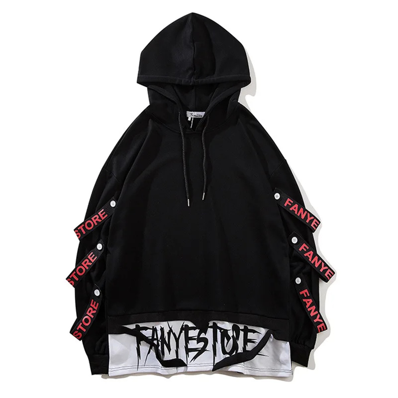 Hoodies Men Fake 2 Pieces Ribbons Hooded High Street Pullover Sweatshirt Men Fashion Hip Hop Streetwear Hoodie Spring Autumn
