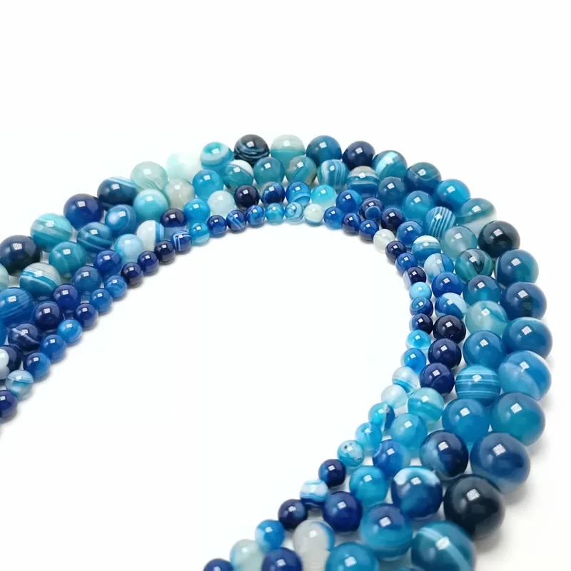Natural Peacock Blue Zircon Stripe Agates Round Loose Beads 6 8 10 12 14 MM Pick Size For Jewelry Making