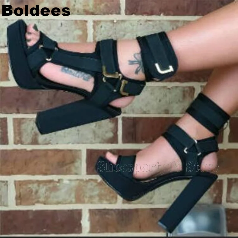 

Thick Platform Buckle Straps Black Red Match Color High Heel Sandals Women Summer Solid Fashion Block High Heels Chaussure Femme