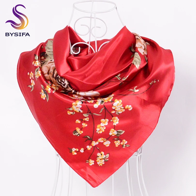 [BYSIFA] Chinese Silk Scarves New Women Winter Plaid Satin Square Scarves 90*90cm Grey White Floral Female Hijab Scarves Stoles