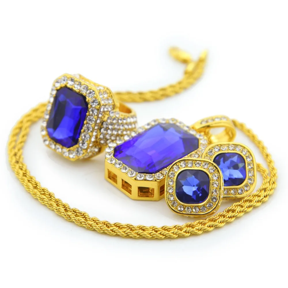 Hip hop Women Octagon Square Rinestone Twisted Chain Necklace Rings Earrings Bling Imitation Gemstone Full Crystal Jewelry sets