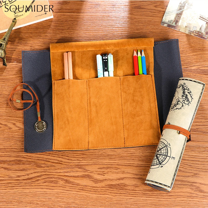 Vintage Roll Leather Pencil Case Bag Treasure Map Large Pencil Cases Student Pen Storage Bag School sketch Colored Pencil Volume