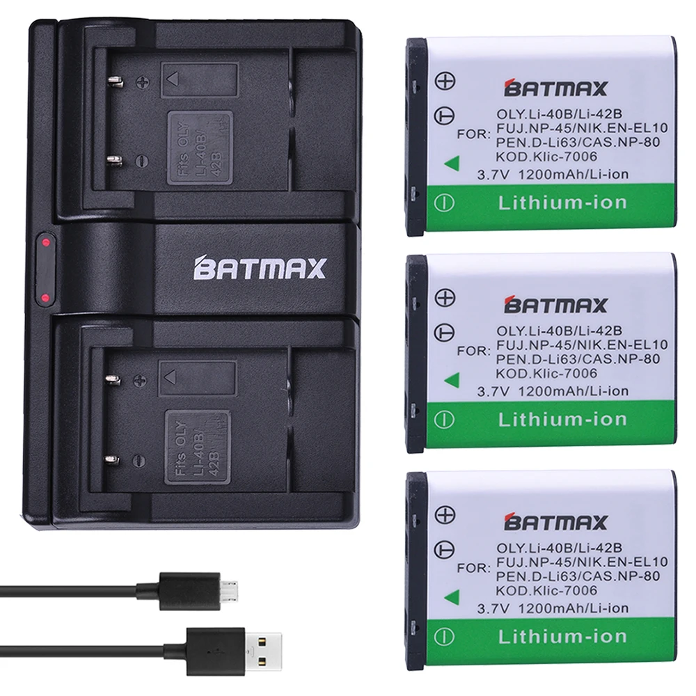 

Аккумуляторы Batmax 3 шт., 1200 мАч, Φ LI42B Li 42B 40B + двойное зарядное устройство USB для OLYMPUS U700 U710 FE230 FE340 FE290 FE360