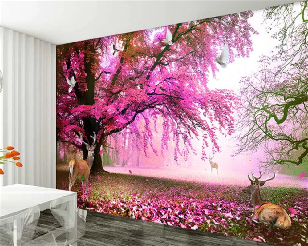 Fantasy Sakura Trees & Sika Deer 3D Wallpaper Customizable Size TV Wall Decor for Living Room & Bedroom Background 3d wallpaper