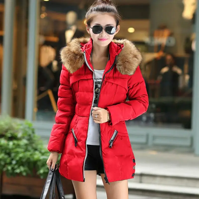 New Arrival Women Winter Fashion Slim Long Sleeve Hooded Medium Length Solid Color Thicken Warm Cotton Coat