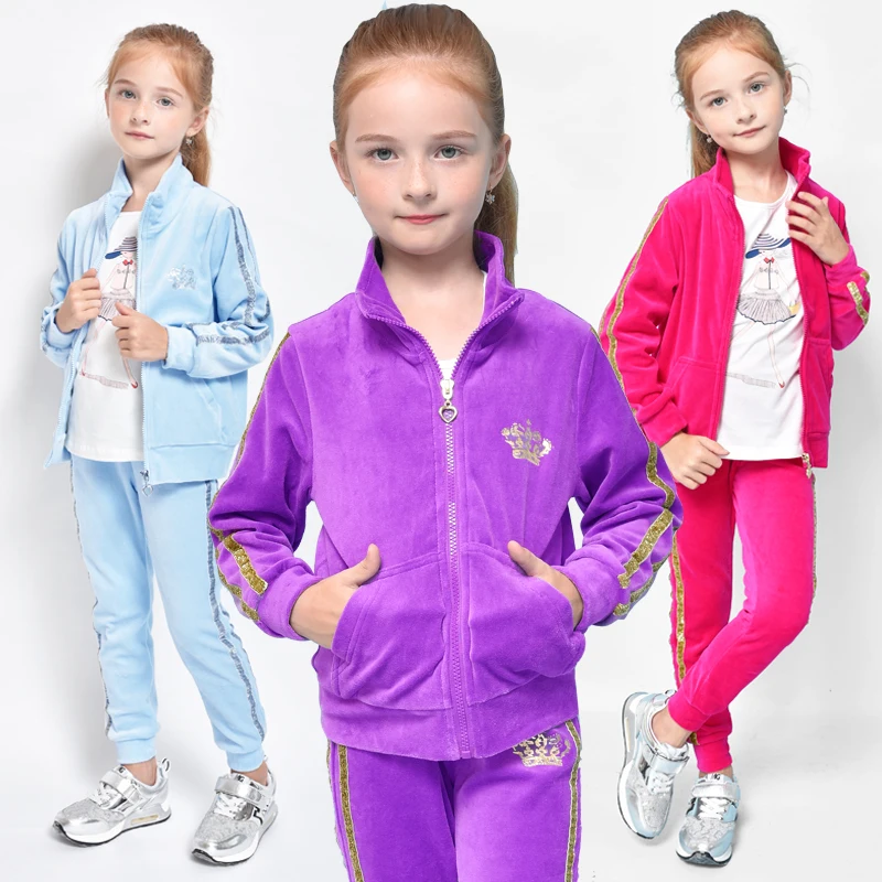 2023 Spring New Girls Fashion Crown Velvet Suit Children's Fall Sports Clothing Set Kids Clothes Hooded Coat + Pants 2 Pcs X131