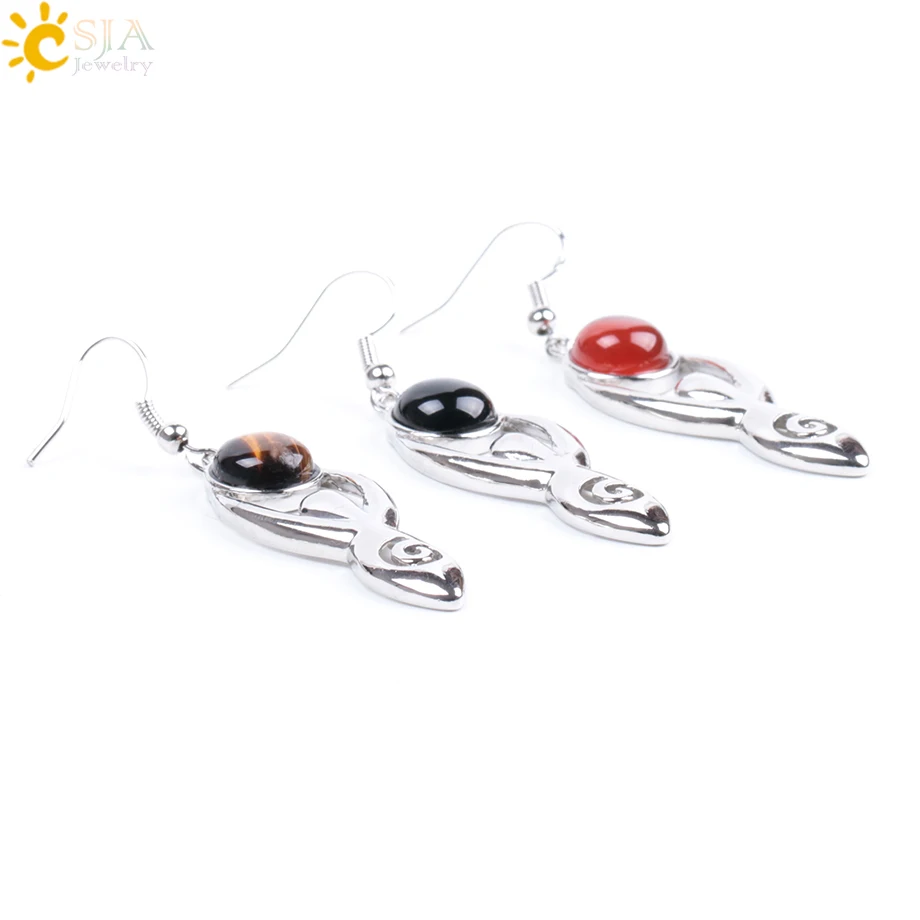 CSJA Natural Stone Earrings Pink Quartz Drop Earring Jewelry Tiger Eye Green Aventurine Black Onyx Crystal Round Bead Girl F061