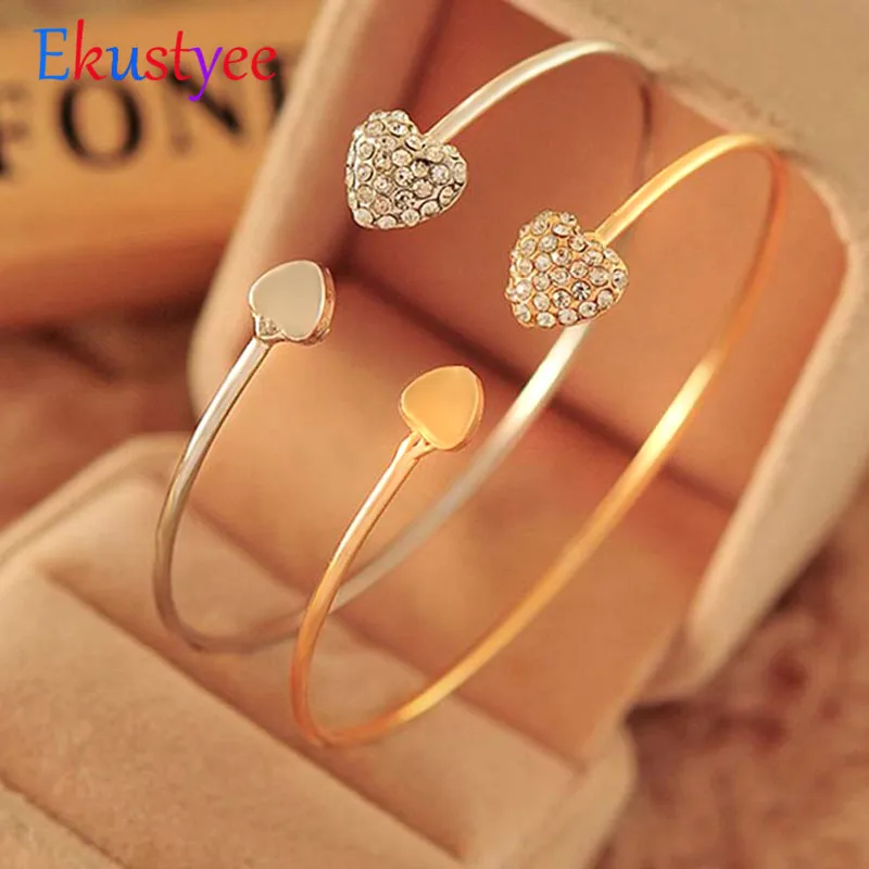 Adjustable Crystal Double Heart Bow Bilezik Cuff Opening Bracelet Hot New Fashion  Women Jewelry Gift Mujer Pulseras