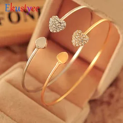 Adjustable Crystal Double Heart Bow Bilezik Cuff Opening Bracelet Hot New Fashion  Women Jewelry Gift Mujer Pulseras