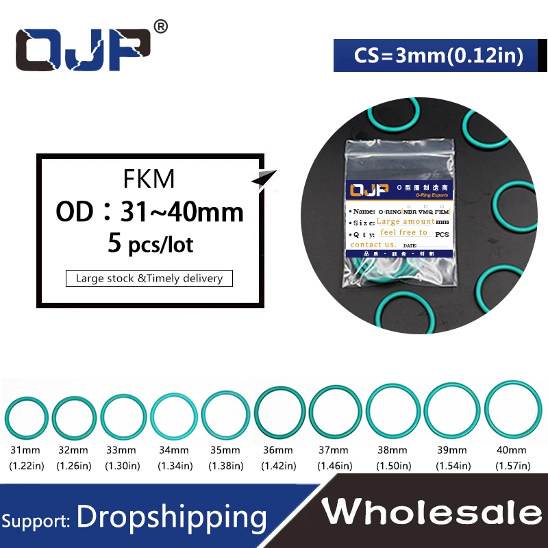 Anillo de goma flúor verde FKM, junta tórica, juntas de aceite, arandelas de combustible, OD31/32/33/34/35/36/37/38/39/40mm, 5 unids/lote